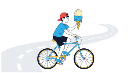 Fototapeta premium Boy Bicycling While Carrying An Ice Cream Cone On A Curved Road Illustrative Design