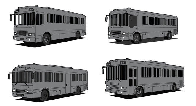A collection of monochromatic prison transport bus illustrations on clean background