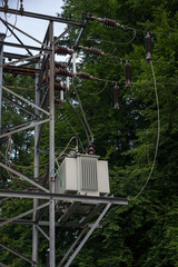 Transformer on a metal structure of a pole outdoors near a forest with insulators.

