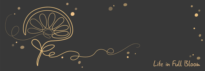 Horizontal dark banner stylish golden flower surrounded by bokeh with copyspace. Elegant inscription: Life in full bloom. Vector festive background in flat style for congratulations, wedding, birthday