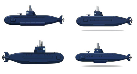 Naklejka premium Collection of Navy Blue Submarine Vector Illustrations with Shadow Details