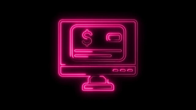 Glowing Neon Pink Computer Monitor Displaying Dollar Sign and Bank Check Icon Isolated on Black