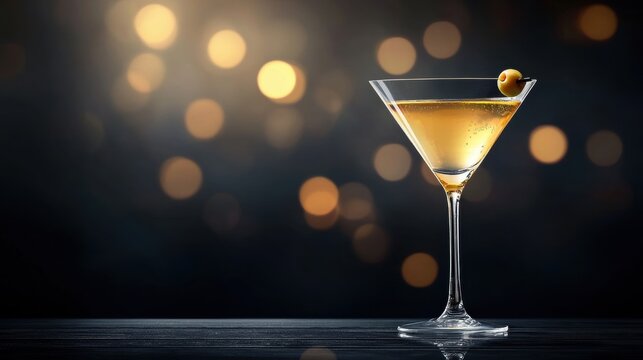 Glasses A fancy martini glass with an olive garnish placed on a stylish bar counter