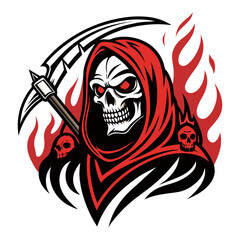 Grim Reaper with Red Hood, Scythe, Skulls and Flames Vector Illustration