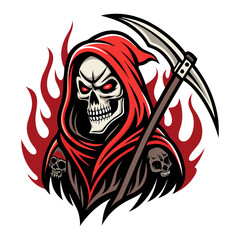Grim Reaper with Red Hood, Scythe, Skulls and Flames Vector Illustration