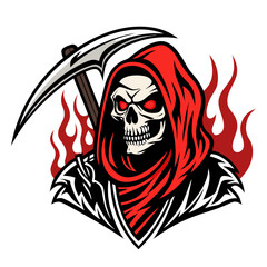 Grim Reaper with Red Hood, Scythe, Skulls and Flames Vector Illustration