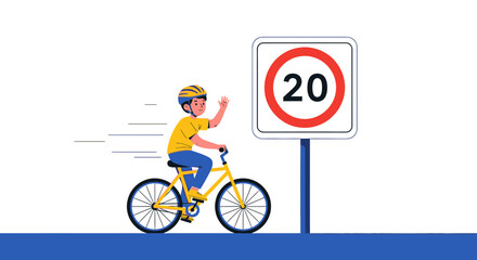Fototapeta premium Boy On A Bicycle Waving Next To Speed Limit Sign On White Background