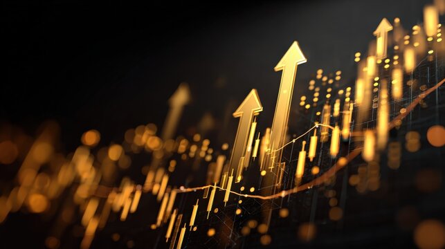 Abstract stock market visualization with flowing charts and golden ascending arrows 