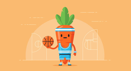 Carrot Athlete Ready To Play Basketball With Basketball in Hand on the Court