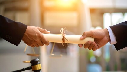 Transferring Important Documents: Hands Exchanging a Rolled-Up Certificate or Contract