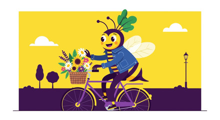Naklejka premium Bumblebee Gliding Through A Colorful Realm On A Bicycle Adorned With Blossoms