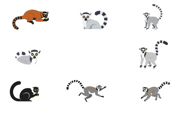 Collection of playful lemurs depicted in vector art on a clean backdrop