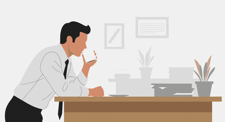 Businessman Contemplating With Beverage At His Desk In Minimalist Office Setting.