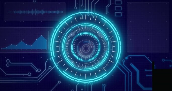 Animation of scope scanning and data processing on blue background - Powered by Adobe