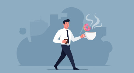 Businessman Walking with Donut and Coffee Symbolizing Early Morning Ritual and Energy