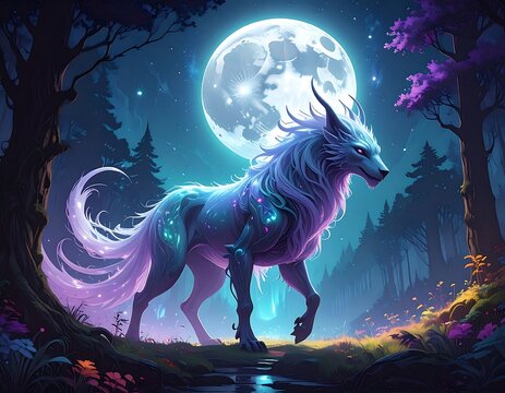 A mystical creature, a wolf-like being with glowing fur, strolls through a vibrant moonlit forest. - Powered by Adobe