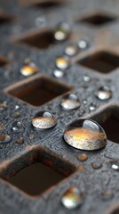 Raindrops on a Metal Grate Closeup Macro Photography Showcasing Surface Tension and Reflections