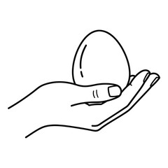 Hand holding a single white egg with a smooth shell in a palm up gesture in line art style drawing