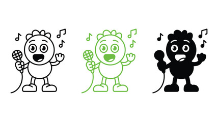 Naklejka premium Joyful cartoon character singing with microphone, three style variations: black, line art, and green outline, cheerful and playful mood.