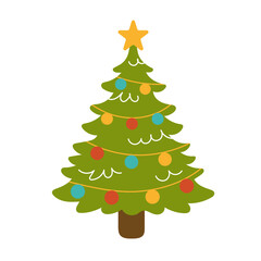 Christmas tree with garlands, balls and toys in flat style on white background.
