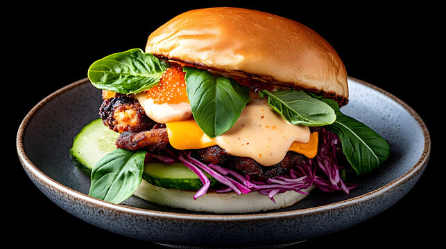 Professional studio photography of a fried chicken burger, with melted cheese and mayo sauce and orange sauce, 4k, ultra realistic, realistic style, with NO sesame seeds on the bun, soft bun, white