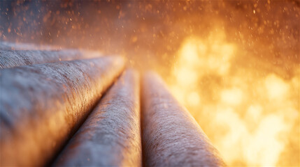 Hot steel pipes glowing in factory with sparks and fire, industrial energy production scene symbolizing power, manufacturing and global industry.
