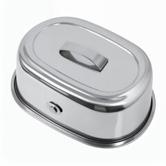 Shiny stainless steel lunchbox container with handle and lock mechanism on white background