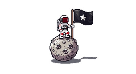 Charming Pixel Art Astronaut Standing Proudly on a Cratered Lunar Surface, Planting a Star Flag in a Retro Space Exploration Depiction