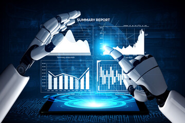 Futuristic robotic hands interact with a tablet displaying dynamic charts and graphs, symbolizing advanced data analysis and technological innovation. Impute