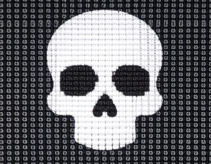 Skull graphic on binary code background