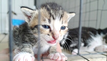 Naklejka premium A very young tabby kitten with a pink mouth open and blue eyes looking forward.