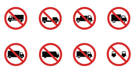 no trucks allowed signs with red circle and line through various vehicle types silhouette