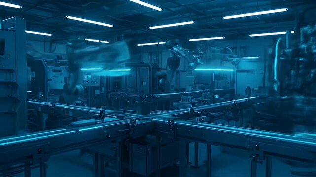 Automated factory or lab with blue futuristic lighting for tech presentations, science articles, industrial concepts, and future technology designs.
