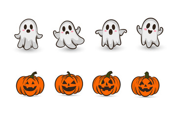 Vector illustration of smiling jack-o-lanterns and ghosts, perfect for Halloween decorations and festive designs