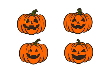 Vector illustration of four smiling jack-o-lanterns, perfect for Halloween decorations and festive designs