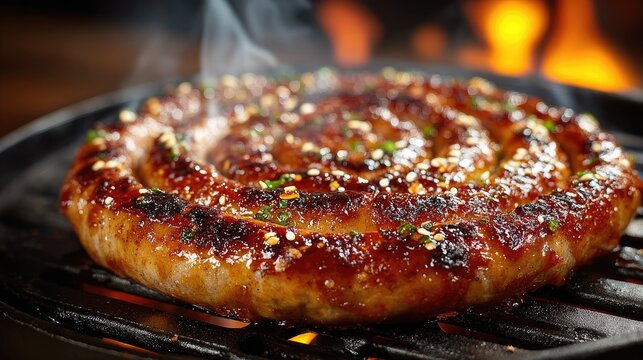 Spiral sausage grilling over hot coals