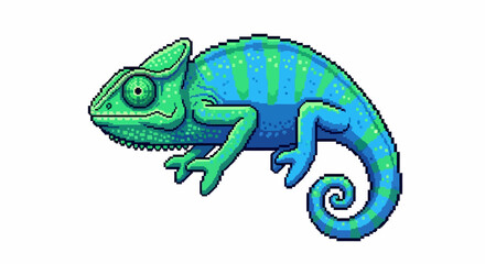 Fototapeta premium Pixel art chameleon with vibrant green and blue scales, showcasing its unique coiled tail and detailed eye