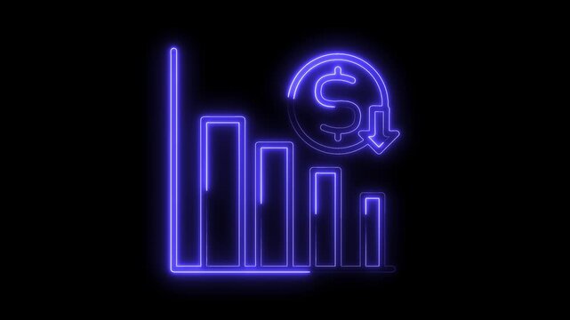 Glowing Neon Blue Bar Chart Downward Trend Dollar Coin Icon Isolated Black Background Financial