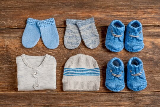 Baby clothes set with blue booties mittens socks a folded shirt and a hat on a wooden surface - Powered by Adobe