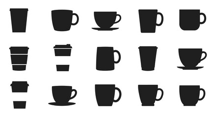 Collection of various black coffee cup silhouettes on white background