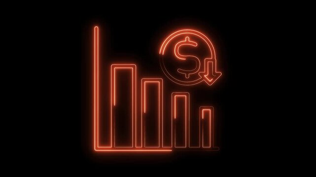 Neon glowing financial graph down arrow dollar icon isolated on black background abstract
