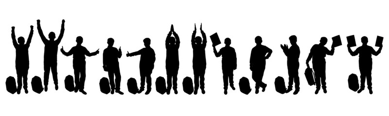 Silhouette of student with backpack and holding book, applauding. Cheerful schoolboy. Back to school. Set. Vector illustration