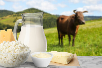 Fresh dairy on table and cow grazing in nature