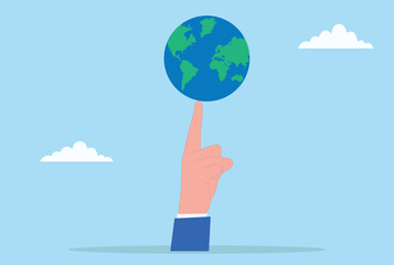 Vector illustration of a hand in a business suit balancing the globe on one finger, symbolizing global control, leadership, influence, and responsibility with balance and precision
