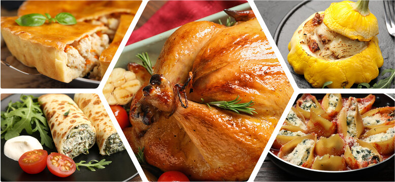 Collage of different stuffed dishes. Banner design