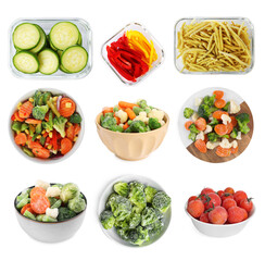 Different frozen vegetables on white background, collage