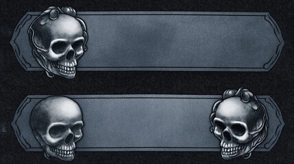 Decorative skull elements with blank spaces for text in dark design