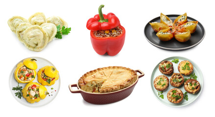 Variety of stuffed dishes isolated on white, collage