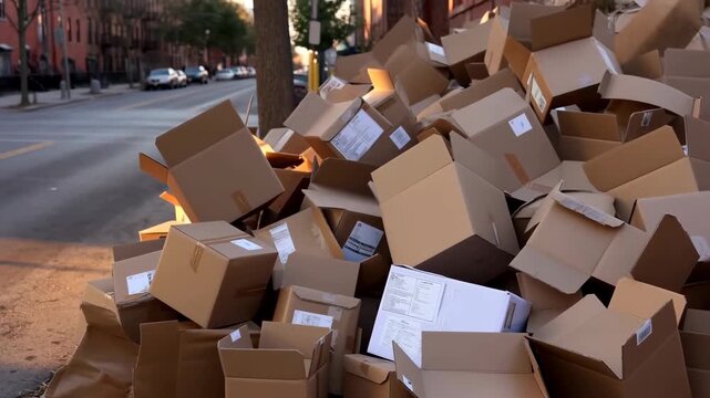 Pile of cardboard boxes on sidewalk in city