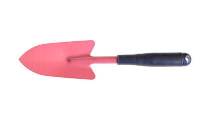 Pink metal hand trowel with a dark handle, an essential gardening tool on a transparent background.